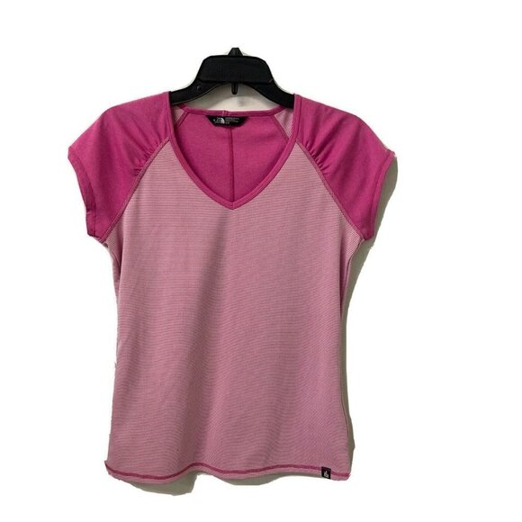 The North Face Pink White Striped Activewear V Neck Blouse - Picture 1 of 4